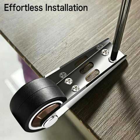 Low Profile Door Bottom Rollers, Anti Sag Repair Kit With Three Tough Steel Wheels, metal bracket installation with black rubber wheel.