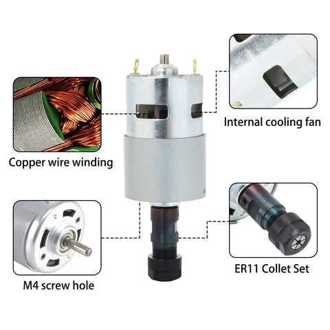 CNC1610 Pro 3 Axis GRBL Control DIY Mini CNC Router Kit motor with details on cooling fan, copper winding, ER11 collet set, M4 screw hole