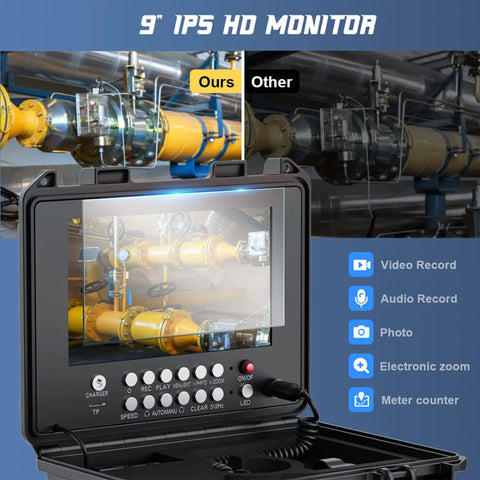 Heavy Duty 9 inch IP68 HD monitor showing pipe inspection features for the Crush Stubborn Blockages Fast With This Heavy Duty 30 Meter Pipeline Inspection Camera Packing A Bright 9 Inch Color Monitor Built In Dvr Recorder And Precise Meter Counter For Zero Sweat Drain Snaking Jobs.
