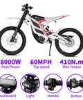 Kickass Powerful 8000W Peak 72V Electric Dirt Bike For Adults shown from the side with 19 inch tires, hydraulic suspension, and dashboard.