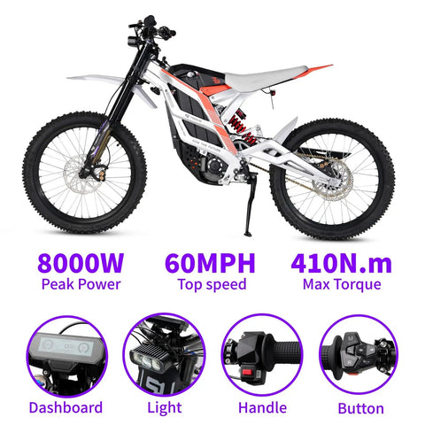Kickass Powerful 8000W Peak 72V Electric Dirt Bike For Adults shown from the side with 19 inch tires, hydraulic suspension, and dashboard.