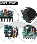 Heavy Duty DC DC Boost Converter Module 1200W Step Up Power Supply showing circuitry and cooling fins for solar panels and car batteries.