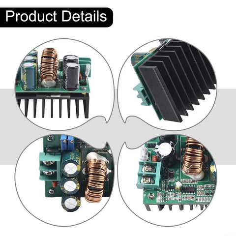 Heavy Duty DC DC Boost Converter Module 1200W Step Up Power Supply showing circuitry and cooling fins for solar panels and car batteries.