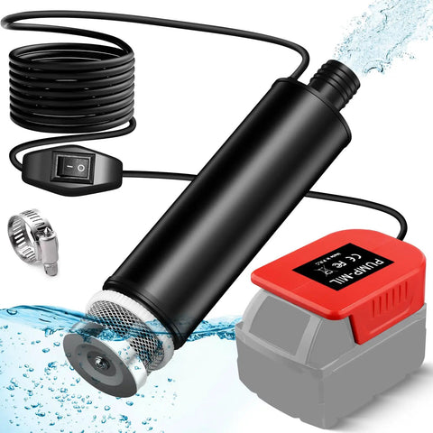 Built Tough Portable Submersible Water Pump With Slick Performance And Fast Drainage Designed For Standard 18 Volt Batteries featuring a black pump and switch.