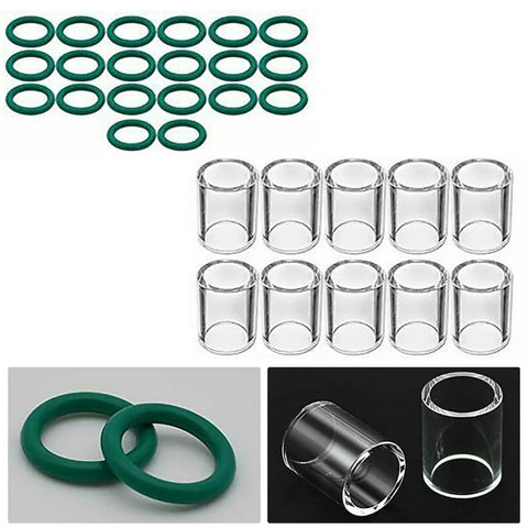 Heavy Duty Heat Resistant #10 Glass Cups And O-Rings For SR WP 17 18 26 And WP 9 20 TIG Welding Torches Full 30 Piece Consumable Kit With Nozzles, showing 10 glass cups and 20 O-rings.
