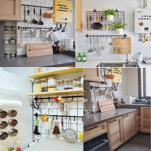 Kitchen setup with heavy duty S shaped hooks for hanging pots, pans, and utensils shown in use on wall grids.