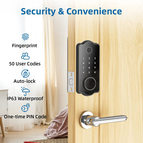 5 in 1 Keyless Entry Smart Lock with Fingerprint Deadbolt Auto Lock Touch Keypad IC Card Passcode Keys and App Control on door