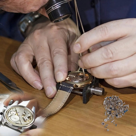Watch repair using Watch Screws Kit 100 Pieces Micro Screw Assortment For Battery Clamp Replacement, detailed view of watch mechanism.