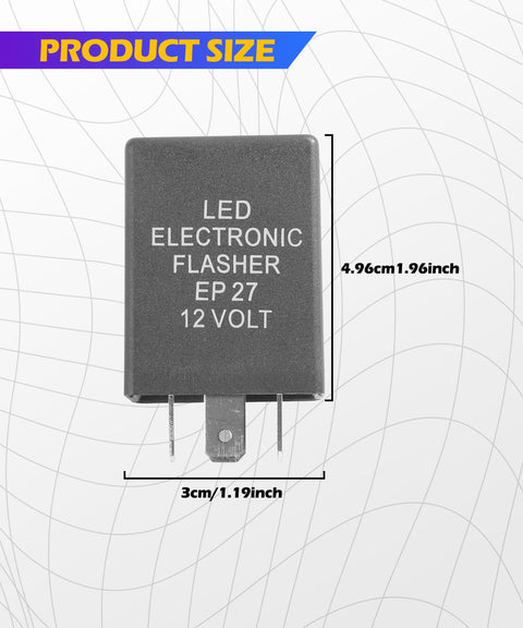 Image of EP27 5 Pin LED Flasher Relay for Turn Signals No More Flicker, Hyper Flash Electronic Indicator with size dimensions.