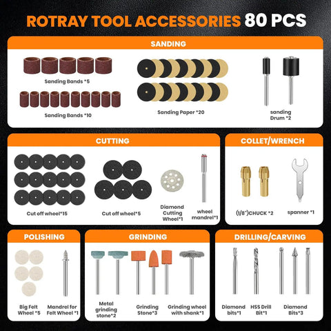 Killer Cordless Rotary Tool Kit Packing Eighty Heavy Duty Bits, accessories for sanding, cutting, polishing, and grinding.