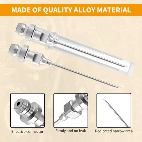 ATIVERE 6-piece grease gun tip set with four 1/8 NPT tips and two narrow needles, metal construction for tight spaces.