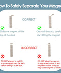 Magnets safety infographic showing correct and incorrect steps for removing round neodymium magnets from a stack.