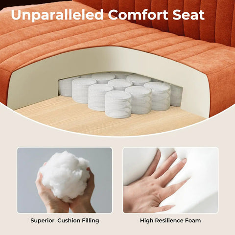 Cross section of Criss Cross Office Chair With Pocket Springs showing cushion filling and foam, orange chenille fabric.