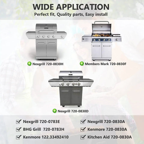 Diagram showing grill models Nexgrill 720-0830H, Members Mark 720-0830F, Nexgrill 720-0830D suitable for Grill Replacement Parts Kit