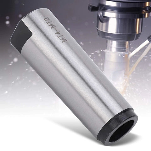 Side view of MT4-MT2 taper drill sleeve adapter for CNC lathes/mills; silver body with black end collar.