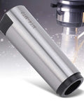 Side view of a silver hardened-steel MT4-to-MT2 Morse taper reducing drill sleeve adapter with black ends