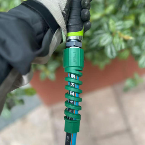 Heavy Duty Five Eighth Inch Garden Hose Fittings Kit Two Pack Metal Male Connectors With Bend Restrictor in use