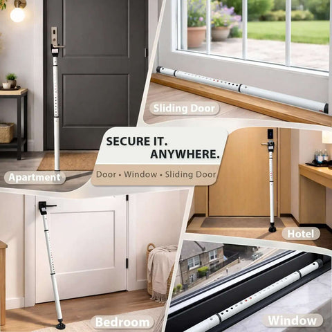 Heavy Duty 3 In 1 Door Security Bar With High Strength Steel And Anti Slip Rotating Base shown securing doors and windows in various settings
