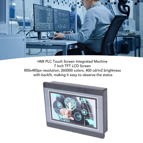 7 Inch HMI PLC Touchscreen Panel With DC 24V 5A Power 2 Channel K Type Thermocouple, office background, showing interactive display