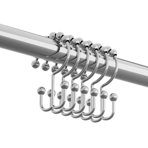 Chrome Shower Curtain Hooks Set Of 12 With Double Roller Glide hanging on rod, rust resistant double sided metal curtain rings