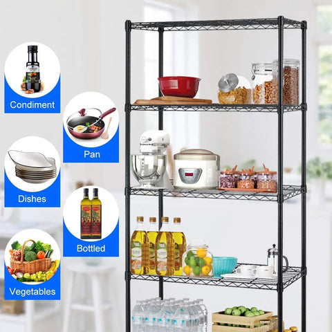Heavy Duty Steel Wire Storage Shelving For Garage And Kitchen, 5 Shelf Adjustable Rack With 1250 Lb Capacity, No Sweat Assembly Organizer In Black, Killer Quality Storage Rig For Homes Today