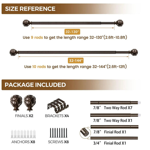 Heavy Duty Adjustable Curtain Rod Set Stretch From 32 To 144 Inches, package includes finials, brackets, screws, and rods.