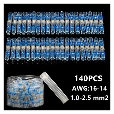 Ultimate 140 Pc Insulated Solder Seal Sleeve Splice Terminals Kit For Heavy Duty Heat Shrink Electrical Wire Butt Connectors That Are Totally Rad And Easy To Install For Any AWG 16-14 Project You Might Have This Season., 140 pcs AWG 16-14 solder seal connectors in a clear storage jar