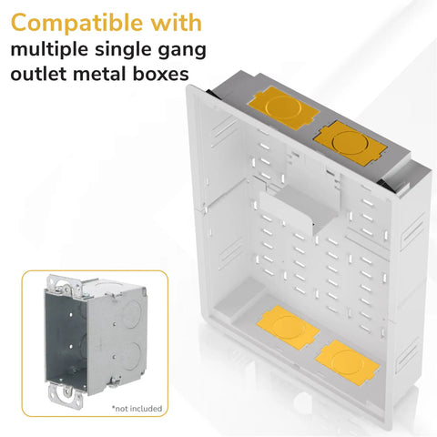 In Wall Recessed TV Box For Home Theater Components And Network Gear With Heavy Duty Ventilation Panels showing compatibility with metal boxes.
