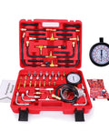 BETOOLL Pro Fuel Injection Pressure Tester Kit in a red case with brass fittings, hoses, and two 0-140 PSI gauges.