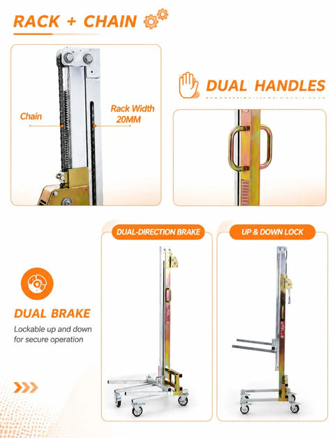 Heavy Duty Portable Lift Trolley With Manual Winch And Forks, Ultimate 80kg Material Handler for dual brake and handles functionality.