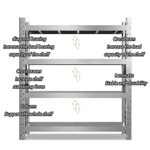 Rock Solid Heavy Duty Garage Shelving Four Tier Commercial Steel Storage Rack, showing structural details of steel construction.