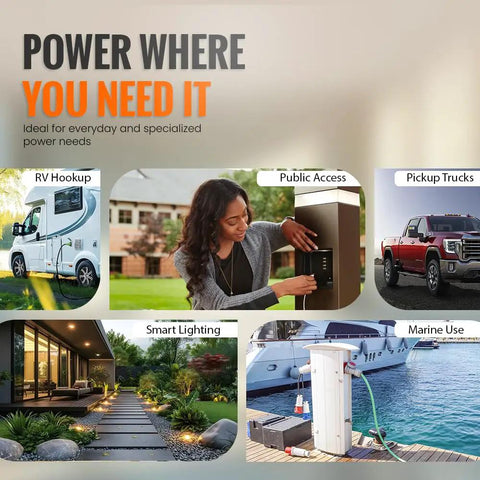 Collage showcasing Rugged Outdoor Waterproof Outlet Kit uses for RVs, public access, trucks, lighting, and marine applications.