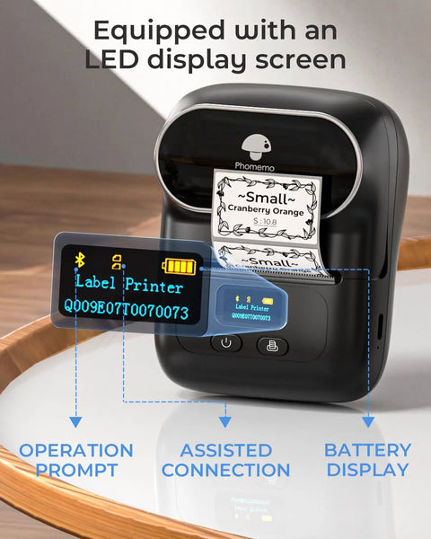 Bluetooth Portable Label Printer For Small Biz Fast Thermal Label Maker with LED display, printing a clothing tag.