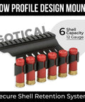 Shotgun Shell Holder Side Saddle For Universal 12 Gauge Carriers displaying six red shells, low profile, aluminum rack.