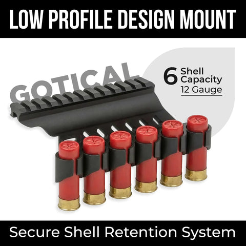 Shotgun Shell Holder Side Saddle For Universal 12 Gauge Carriers displaying six red shells, low profile, aluminum rack.
