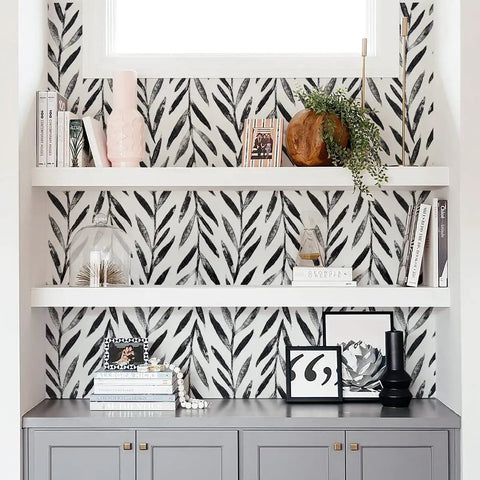 Black And White Peel And Stick Wallpaper Leaf Contact Paper 17.7 Inch By 590.4 Inch For Bathroom And Living Spaces Self Adhesive Decorative Wallpaper Easy Install Oriental Ink Style Slick Modern Vibe 72.5 Sq Ft displayed on shelves