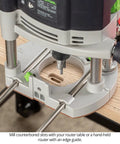 Top Shelf Solid Carbide Counterbore Slotting Router Bit for Size 8 Flathead Screw Heads in router setup with wood.