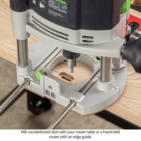 Top Shelf Solid Carbide Counterbore Slotting Router Bit for Size 8 Flathead Screw Heads in router setup with wood.