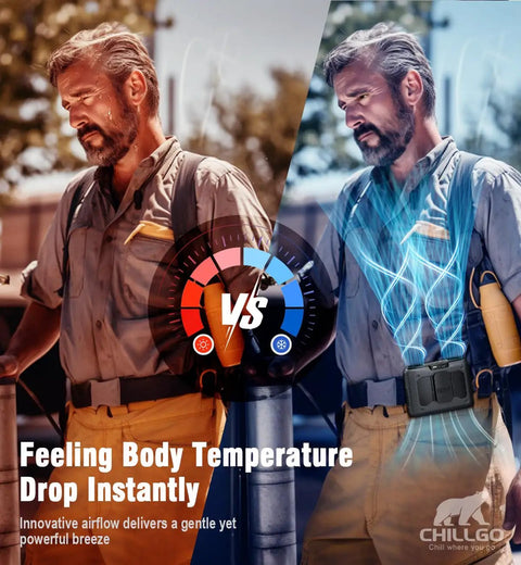 20,000mAh Portable Neck Fan With Dual High Speed Motors cooling effect comparison on a person outdoors
