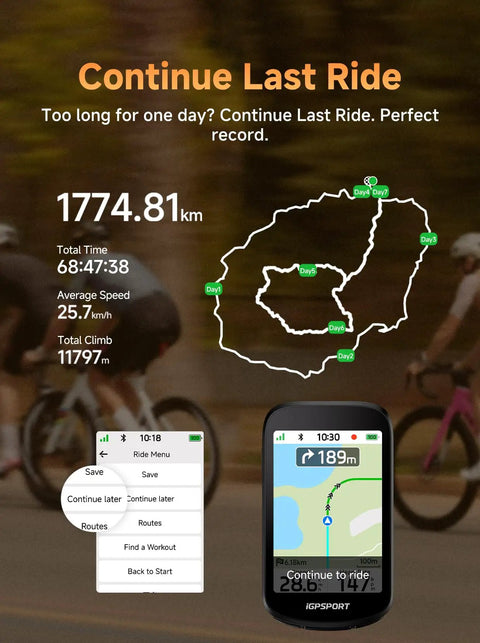 Cyclists with GPS Bike Computer showing map and metrics; GPS Bike Computer With 3.3 Inch Touchscreen Map And Voice Navigation.