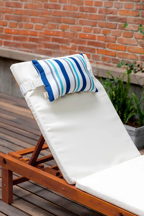 Blue Outdoor Lounge Pillow With Insert And Adjustable Elastic Straps For Recliners Beach Chairs And Office Chairs Waterproof Stain Resistant Neck And Lumbar Support Perfect Patio Poolside Comfort 2 Pack installed on lounger