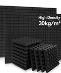 Straight Up Pro Grade Pyramid Acoustic Foam Panels 36 Pack Sound Dampening Wall Tiles 12 By 12 By 2 Inch Thick stacked black foam panels