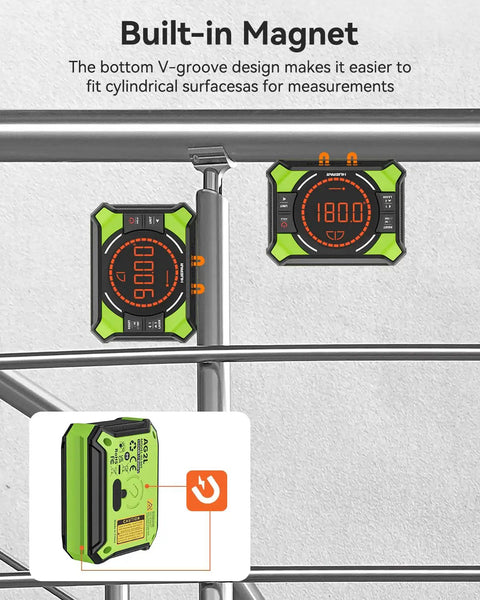 Three In One Digital Angle Gauge With Laser Level And Magnetic Base For DIY Woodworking Rechargeable 2 Beam Laser Level With Horizontal And Vertical Lines Measures 0 To 90 And 0 To 180 Degrees Ultra Handy Pro Grade Tool with built-in magnet on metal pipe