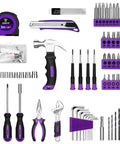 Purple 126-Piece Grab-And-Go Home Repair Tool Set With 8V Cordless Drill, LED Light, Storage Case, Lightweight 1.65 lb Mini Drill For Wood And Plastic, All-In-One DIY Kit For Quick Fixes And Everyday Projects, laid out with bits and hand tools
