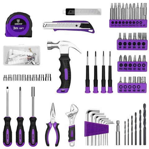 Purple 126-Piece Grab-And-Go Home Repair Tool Set With 8V Cordless Drill, LED Light, Storage Case, Lightweight 1.65 lb Mini Drill For Wood And Plastic, All-In-One DIY Kit For Quick Fixes And Everyday Projects, laid out with bits and hand tools