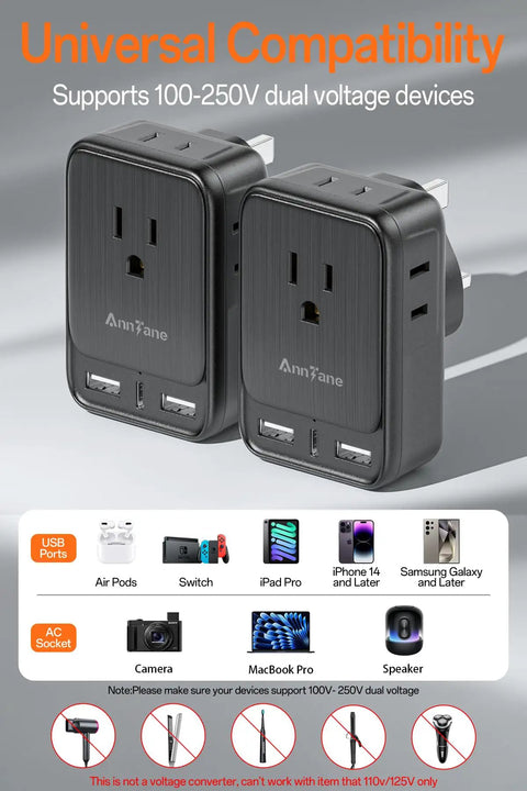 UK Travel Power Adapter Type G with 4 Outlets, 3 USB Ports USB C 7 in 1 International Travel Plug Converter, dual voltage support