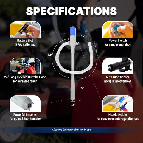 Specifications of Automatic Portable Battery Operated Fuel Transfer Pump With Auto Stop Sensor And Nozzle Clip Fast 2.4 Gal Per Minute