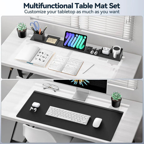 Six In One Magnetic Desk Pad With DIY Modular Storage, tablet stand, pen holder, and cable management on desk