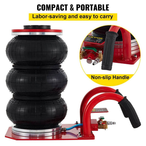 3 Ton Triple Bag Air Jack For Cars, Fast 5 Second Lift, 6600 Lbs Capacity, Lifts From 5.3 Inches To 15.75 Inches, Heavy Duty Pneumatic Car Lift With Short Handle, Red