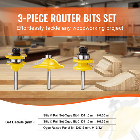3-piece Pro Grade Carbide Router Bit Set with 1/4 Inch Shank displayed on wood table.